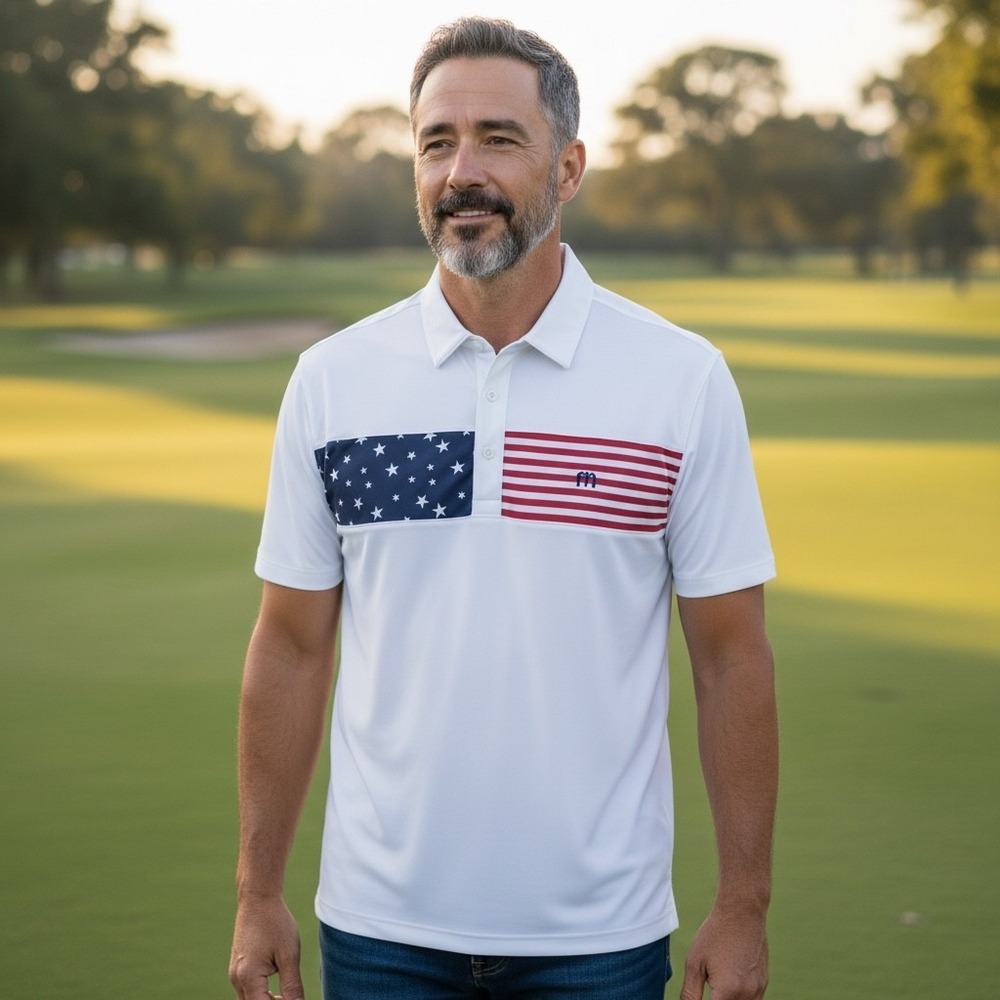 Travis Mathew Polo Shirt Mens XL SEA TO SEA 2.0 White American Flag Stallion Mt